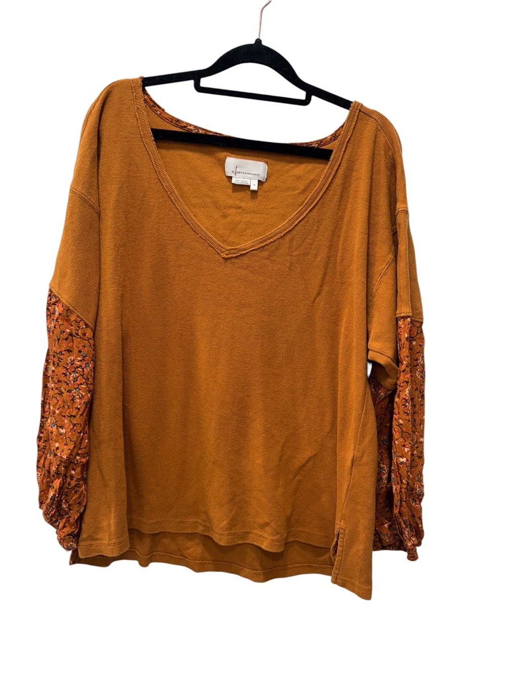 Anthropologie Knit V-Neck Top with Floral Balloon Sleeves - Rust. PTP is 22 - Picture 2 of 8